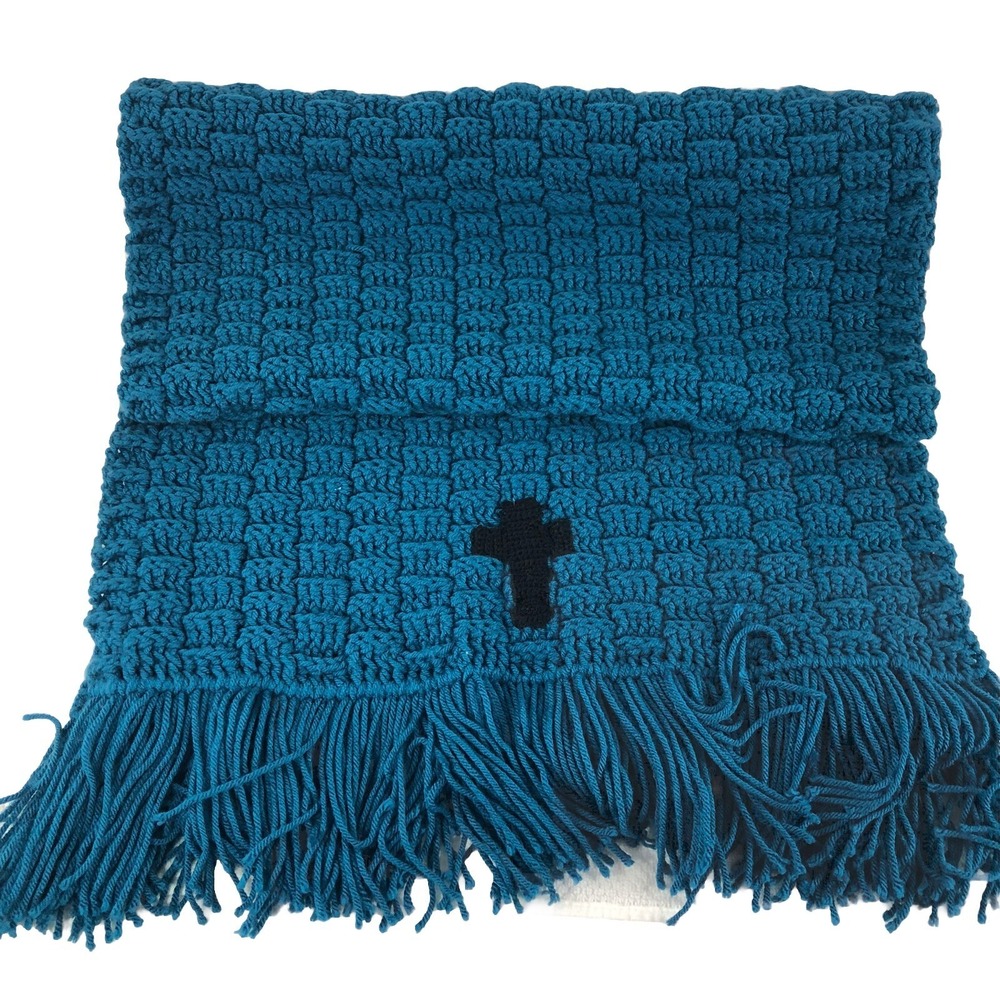 Handmade crochet‎ table runner 18" x 72" With Fringe aqua blue Christian cross
